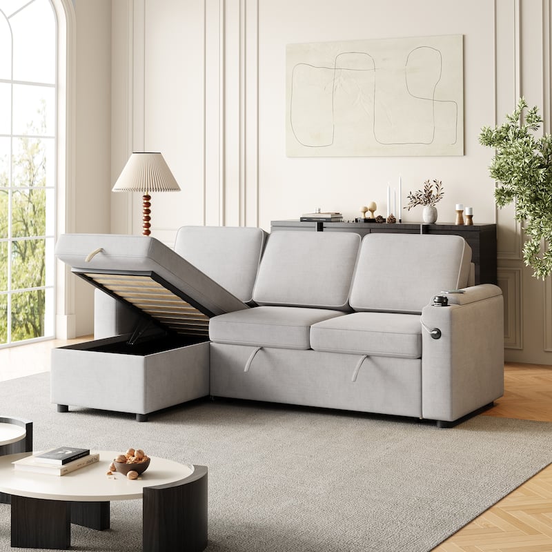 85.8" Sleeper Sectional Sofa with Storage Chaise, Armrest, Charging Port