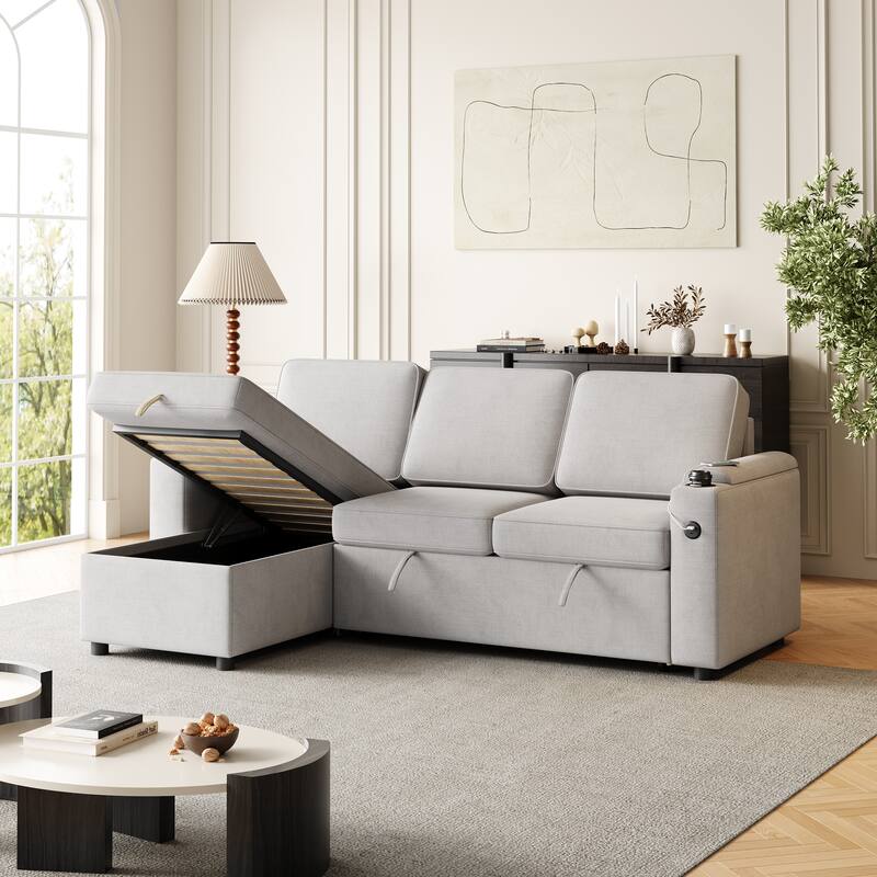 85.8" Sleeper Sofa, Sofa Bed with Storage and Charging Port