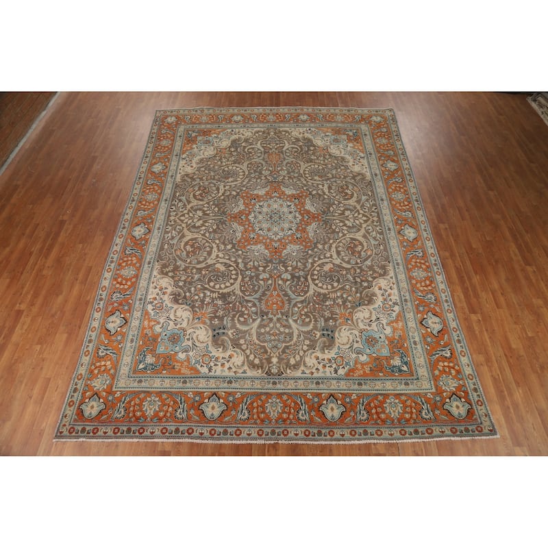 Brown Floral Tabriz Persian Area Rug Hand-Knotted Wool Carpet - 9'6"x 13'0"