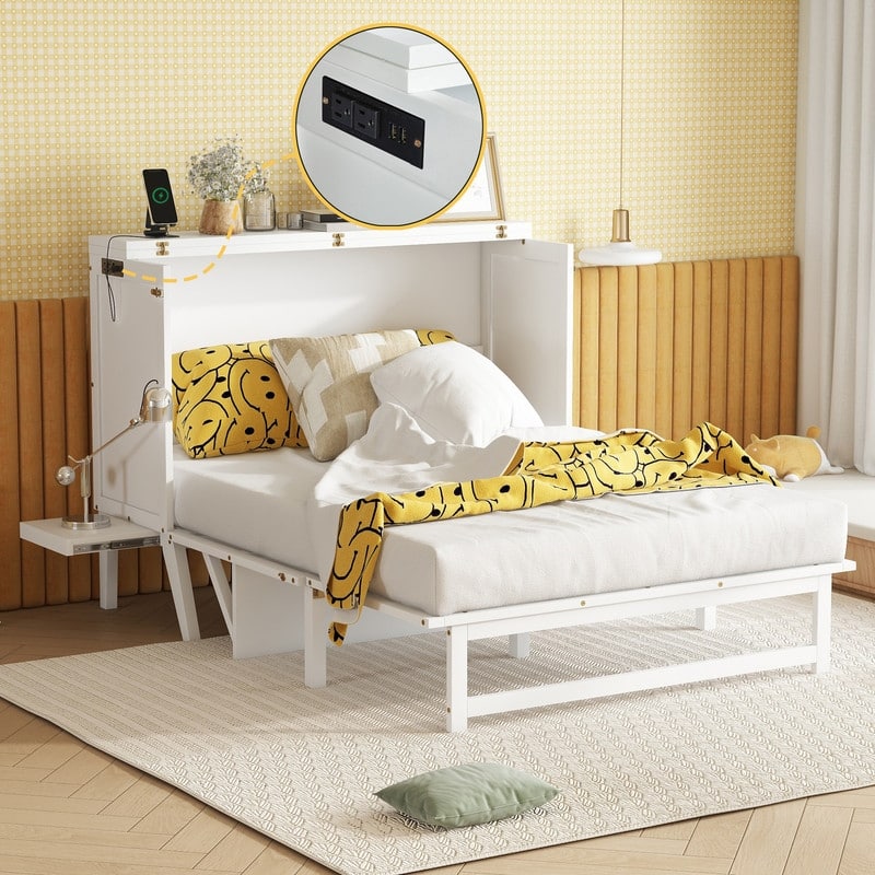 Murphy Cabinet Bed with USB Port and Removable Shelves on Each Side, Space-Saving Cube Cabinet Bed with Desk