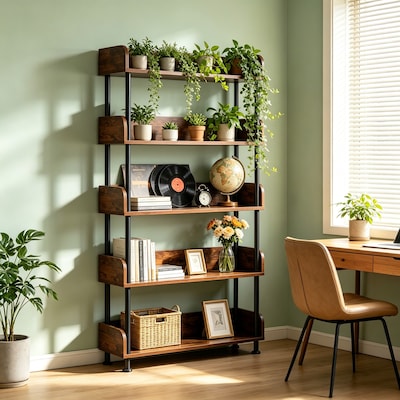 5-Tier Industrial Bookshelf, Open Rustic Brown Bookcase with Metal ...