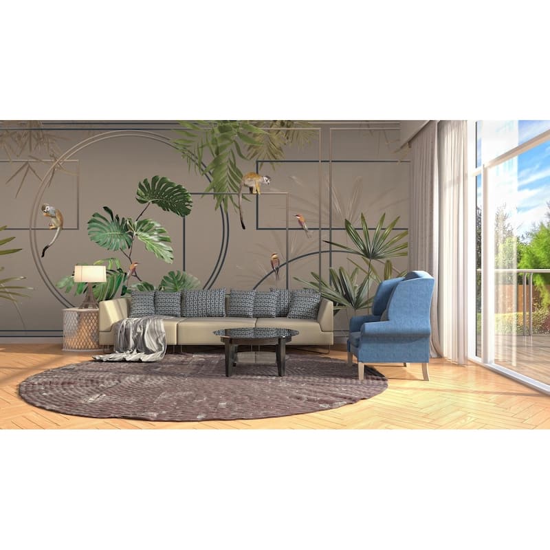 Modern Tropical Jungle Wallpaper Mural with Monkeys and Exotic Birds