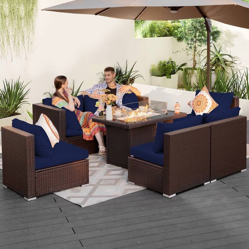 FINCATI Outdoor Wicker Patio Furniture Conversation Sectional Sofa Set - 7 PCS-A - Navy Blue