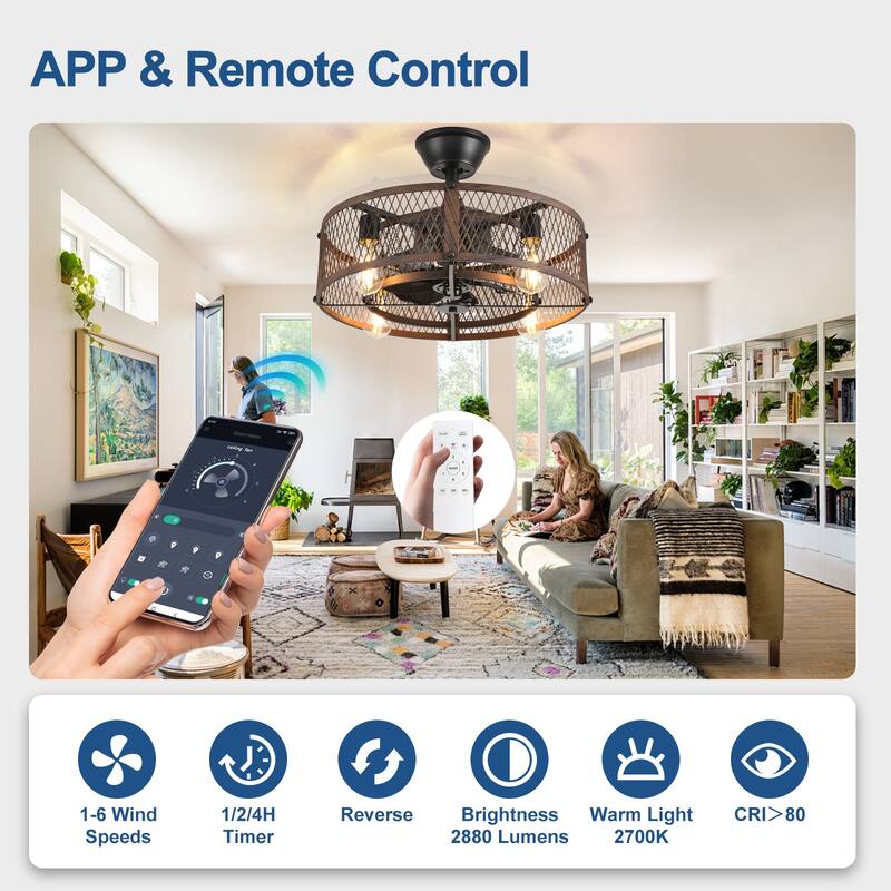 20-26" Caged outdoor Ceiling Fan with Light: Remote App Control-Farmhouse Fandelier Flush Mount Fixture Reversible 6 Speed Timer