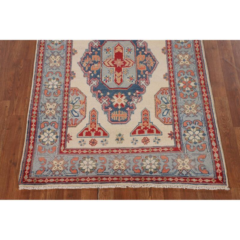 Ivory Geometric Kazak Foyer Rug Handmade Wool Carpet - 3'6" x 5'3"