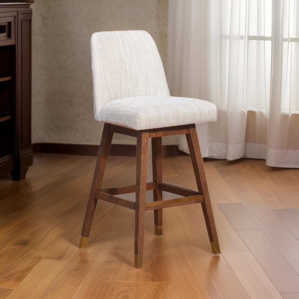 Lara 30 Inch Swivel Barstool Chair, Soft Beige Polyester, Brown Wood Legs