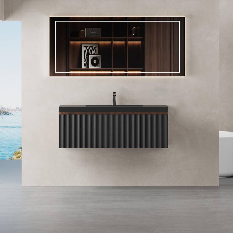 42'' Floating Bathroom Vanity with Sink Combo, Modern Wall-Mounted Striped Bathroom Storage Cabinet with Soft-Close Drawers - Walnut+black