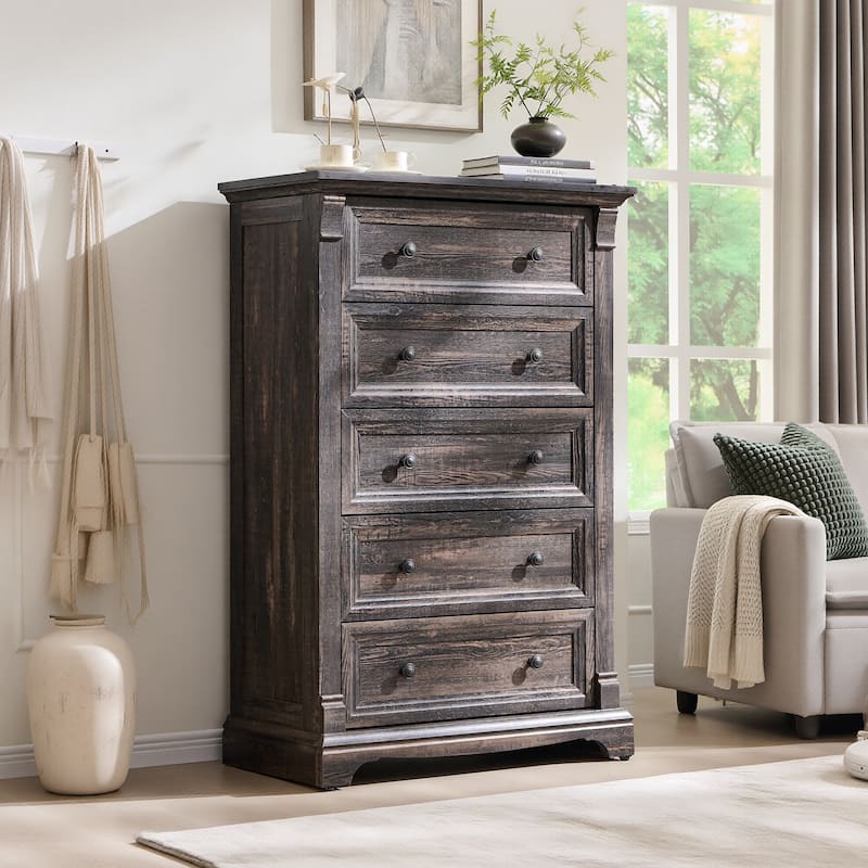Farmhouse 5 Drawers Dresser, Wood Rustic Chest of Drawers for Bedroom - Dark Rustic Oak