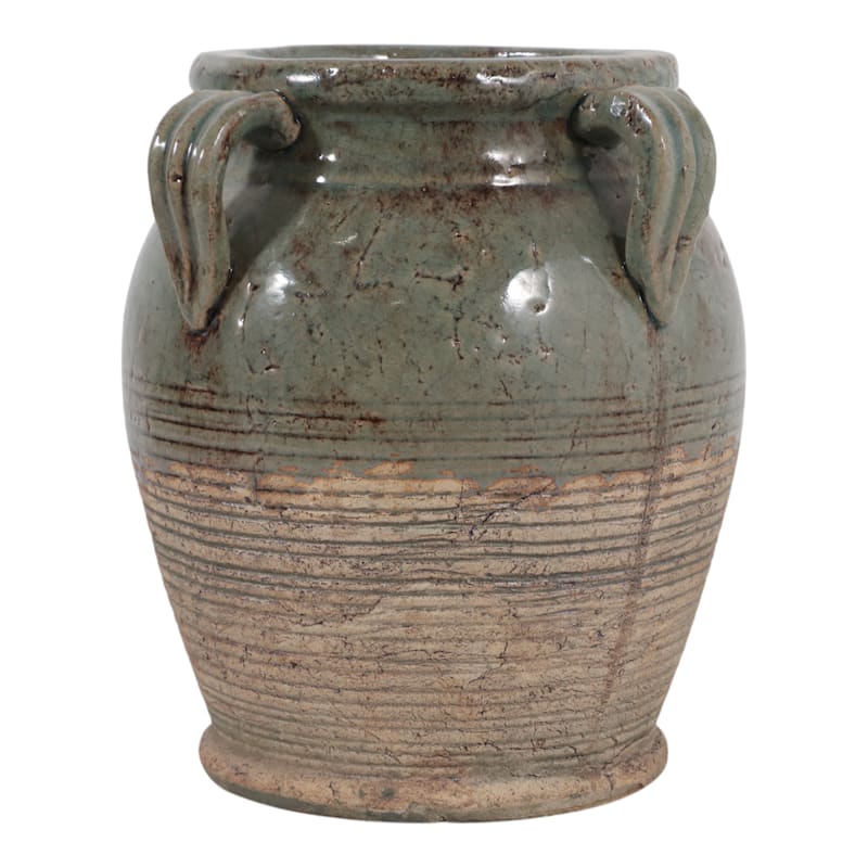 Terracotta Table Vase with Weathered Finish and Handles for Home Decor - Green - 9" x 8" x 10"