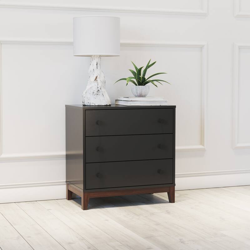 Prepac Nordik 26.5" W Nightstand Bedside Table, Black & Cherry Nightstand for Bedroom, End Table with 3 Drawers
