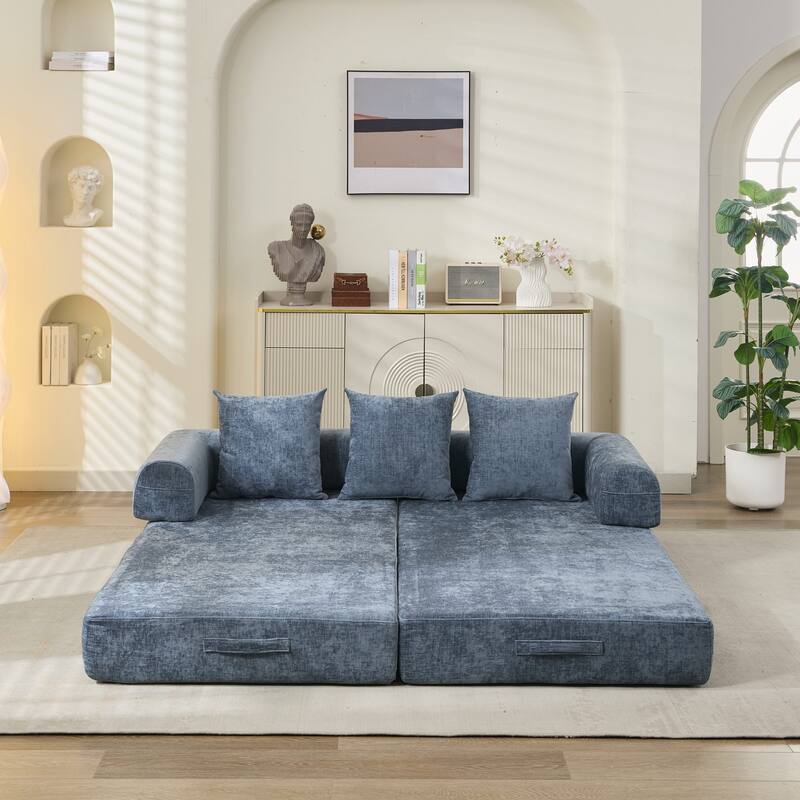 Chenille Folding Sofa Floor Sleeper Bed Chaise Lounger Couch 3-in-1 Comfy Mattress with Reversible Arm Pillows and Non-slip Pad