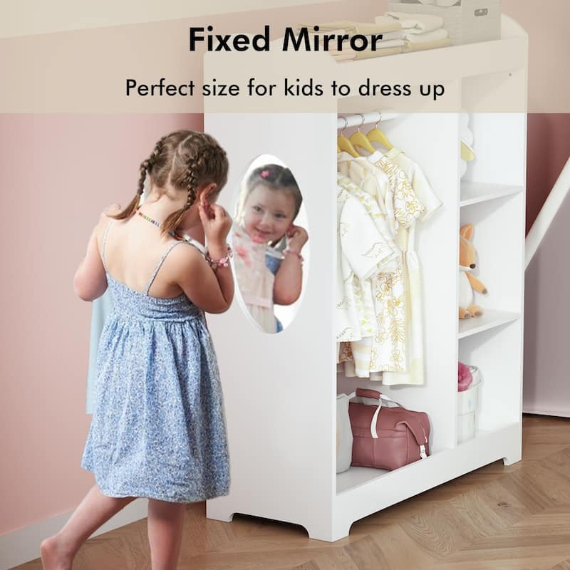 Kids Dress Up Storage with Mirror and Hooks, Wooden Clothes Rack with Hanging Rod, 3 Side Hooks, Storage Shelves and Top Shelf