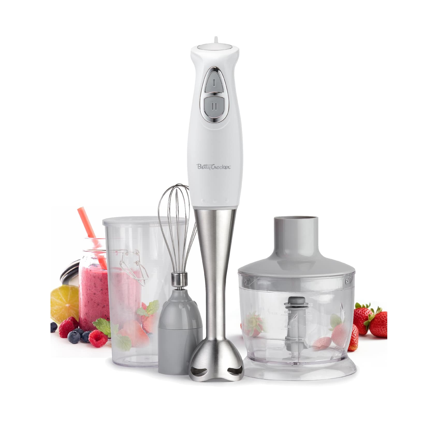 BETTY CROCKER Hand Blender with Beaker,Chopper & Whisk, White Bed
