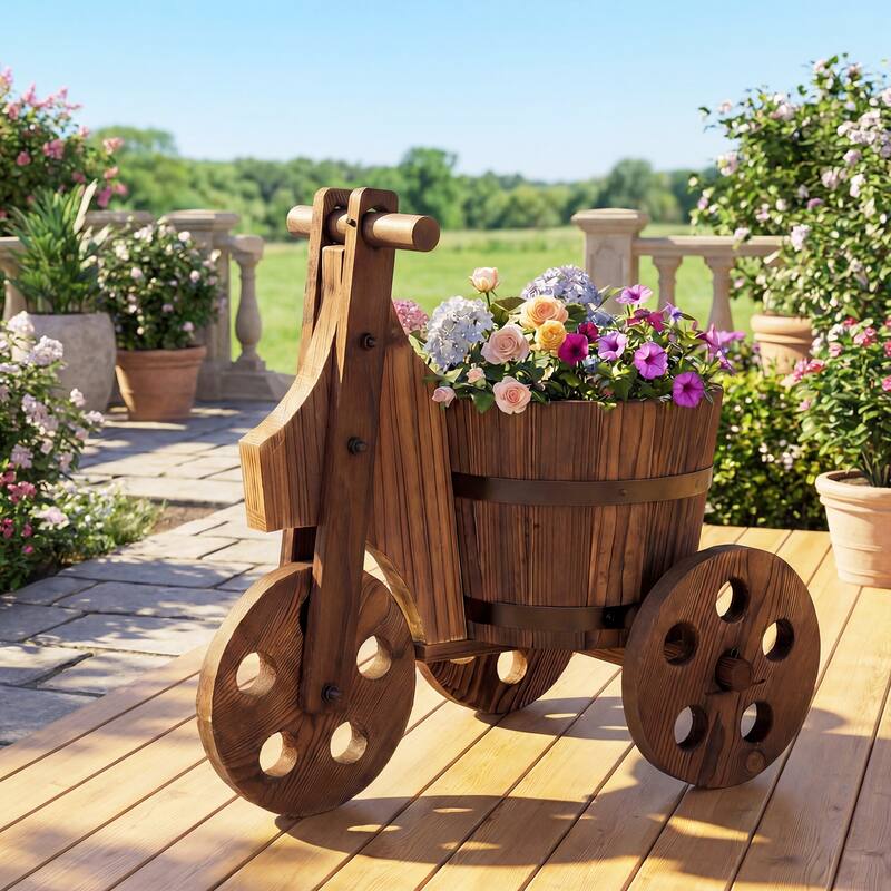 Gymax 2PCS Rustic Wood Tricycle Planter w/Barrel Pot & Drainage for