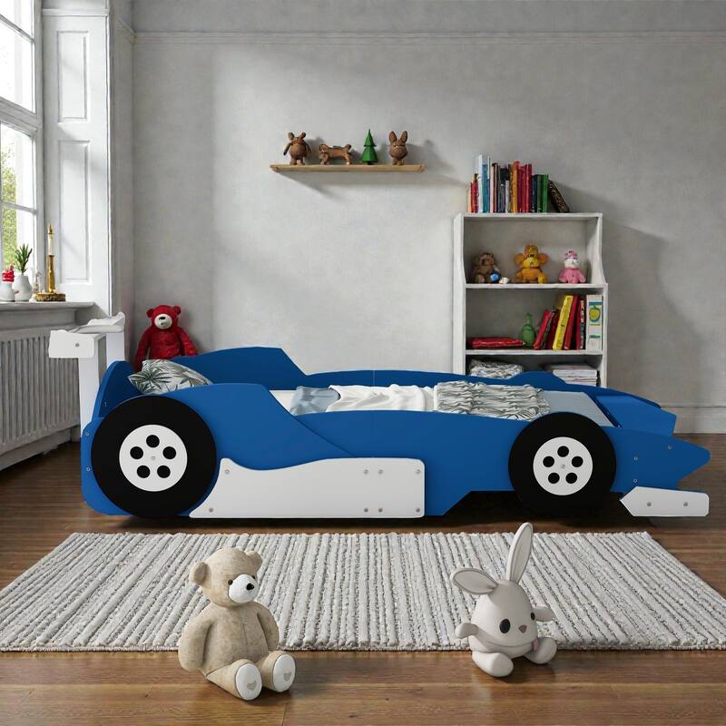 Race Car Platform Bed with Wheels, Kids Car-Shaped Bed Frame with Safety Rails