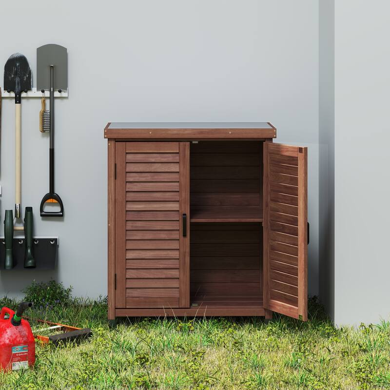 Outdoor Garden Potting Bench Table, Garden Wood Workstation with Storage Cabinet, Patio Storage Cabinet with Metal Table Top