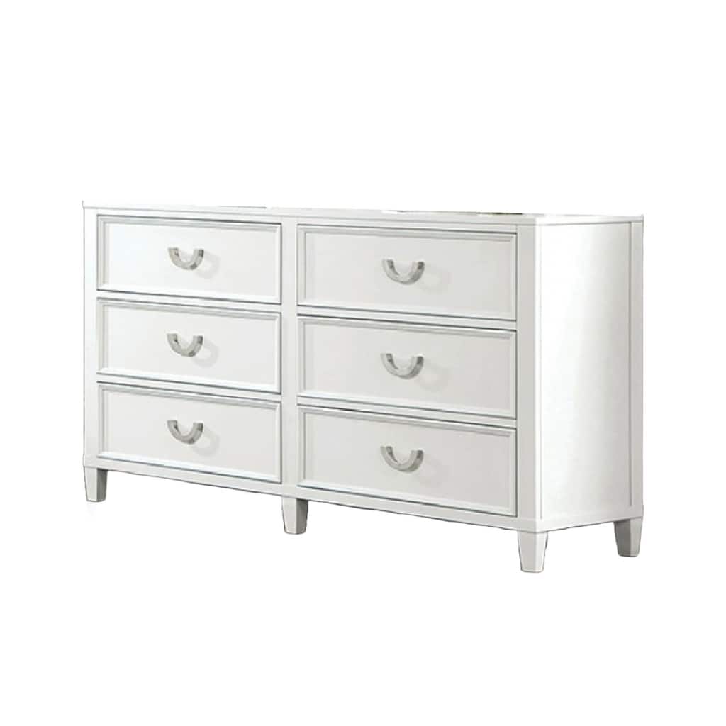 Kiki Wide Dresser with 6 Drawers, Bracket Feet, White Solid Wood