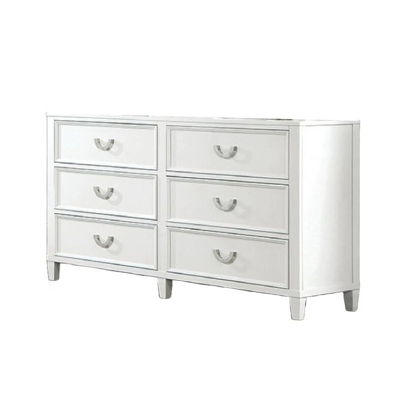 Kiki Wide Dresser with 6 Drawers, Bracket Feet, White Solid Wood