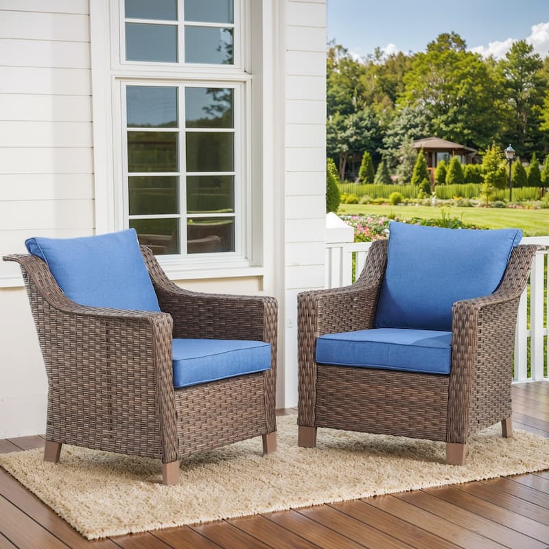 Patio Wicker Chairs Set of 2 Patio Rattan Dining Chairs - Blue - Brown