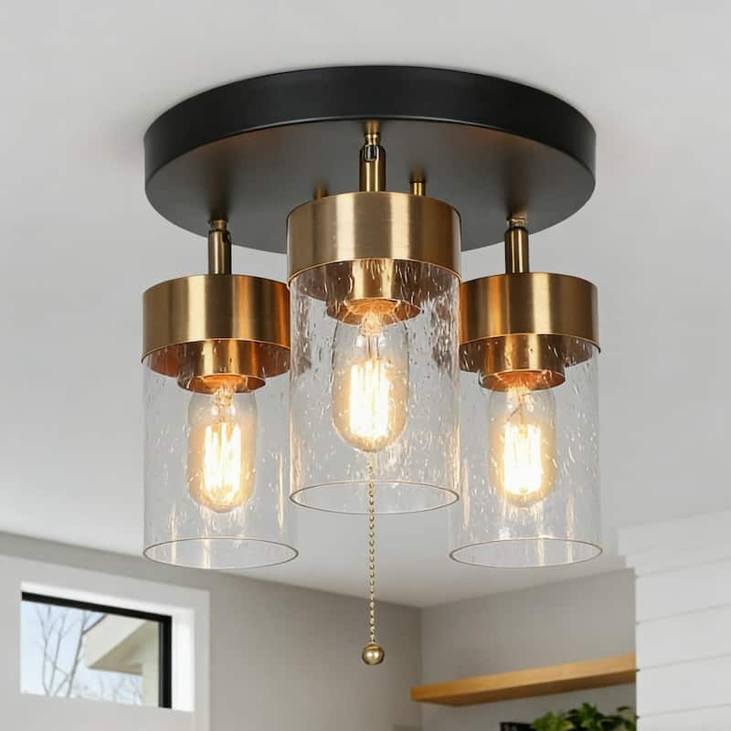 Modern 3-Light Black Gold Glass Cluster Semi Flush Mount Ceiling Light with Pull String - 11" D x 9.5" H
