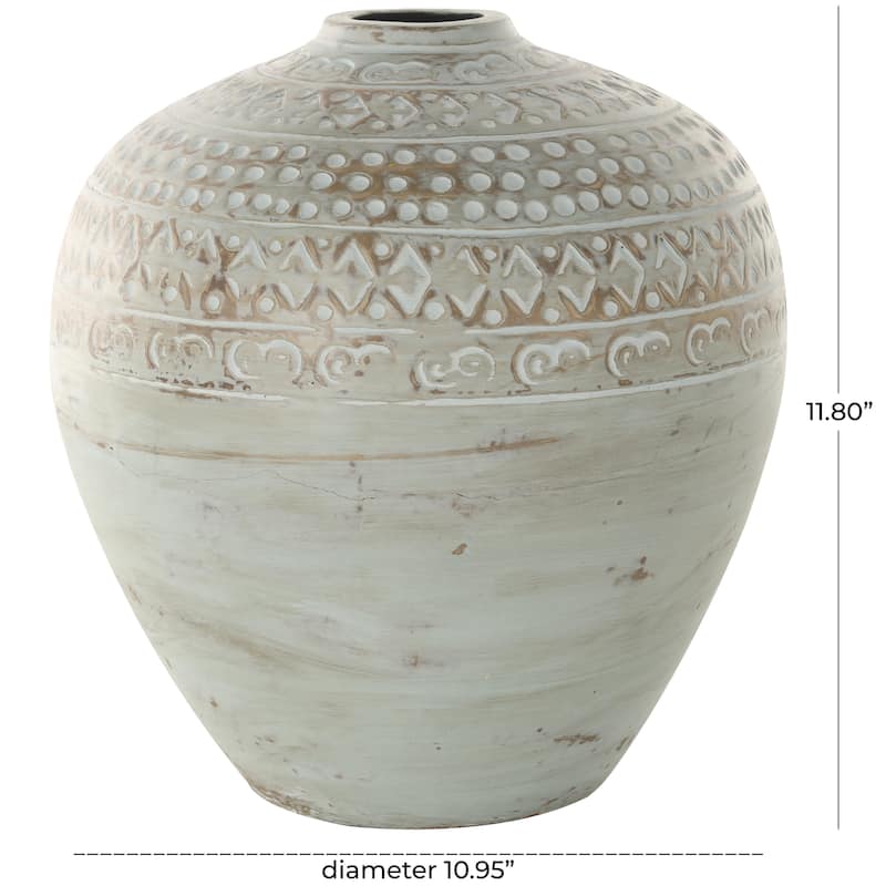 Ceramic Handmade Antique Style Wide Rounded Decorative Vase with Geometric Tribal Carvings - Green - Roche River Decor