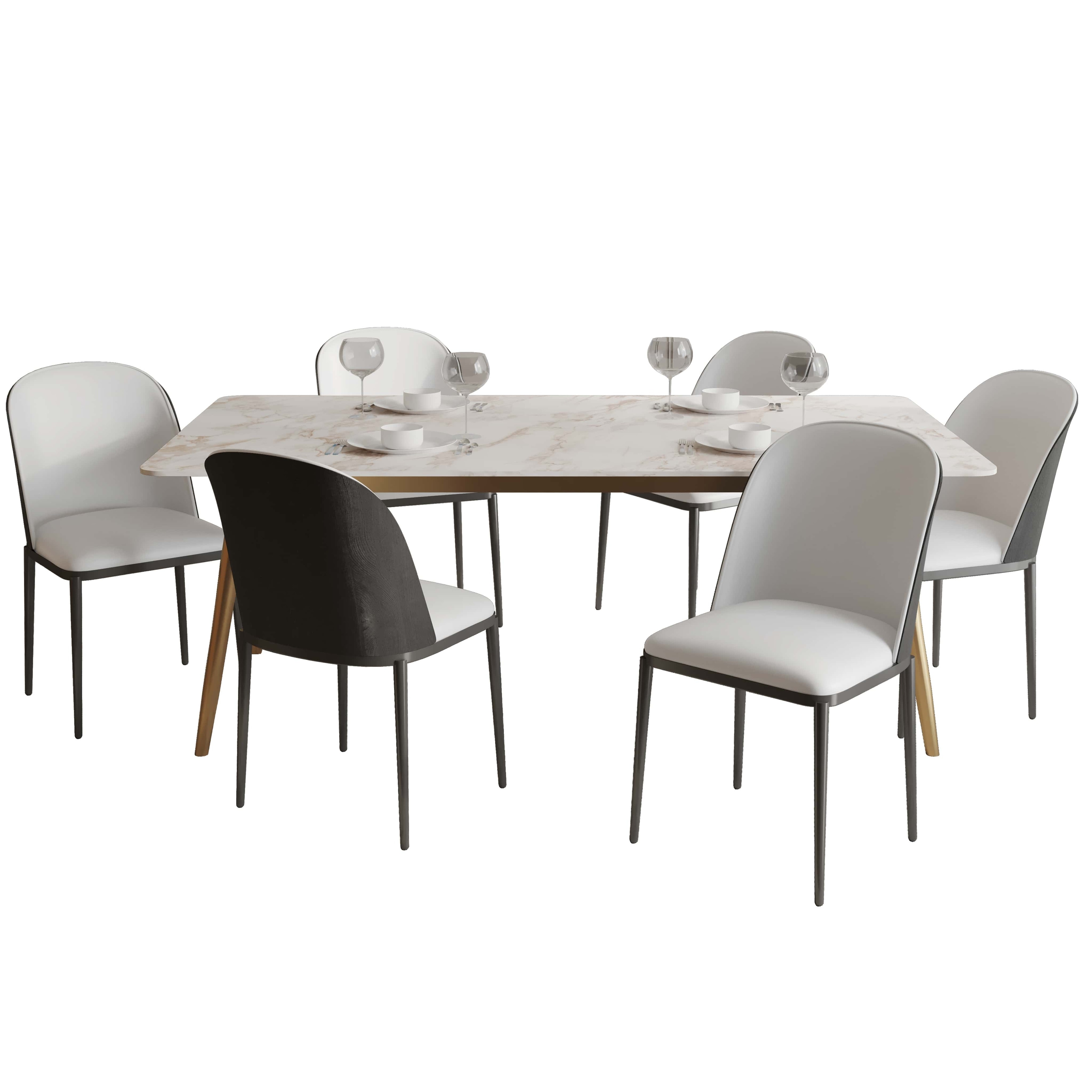 Zayle 7-Piece Dining Set 55-Inch Rectangular White Sintered Stone Dining Table and 6 Dining Side Chairs