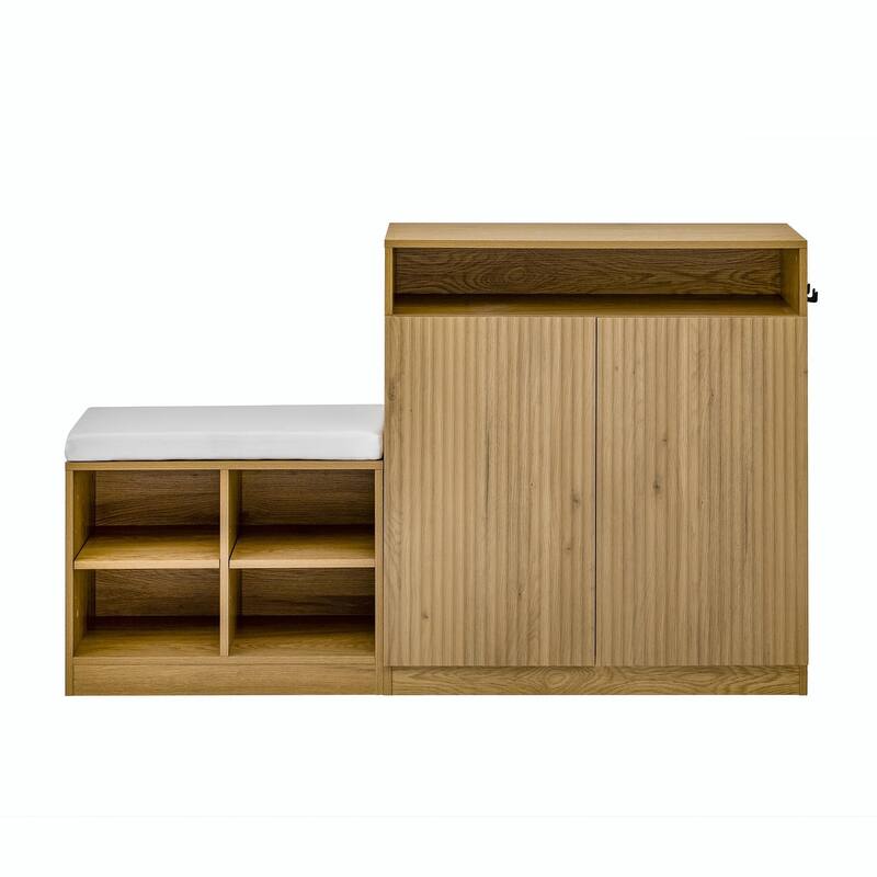 Living Room Cabinet with Shoe Bench, 2 Doors & 3-Tier Adjustable Shelves