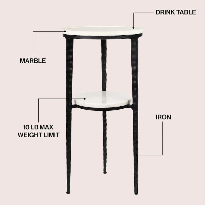 Seraphina 24.75″ 2‑Tier Metal Frame Drink & End Table w/ White Marble Round Top, By JONATHAN Y