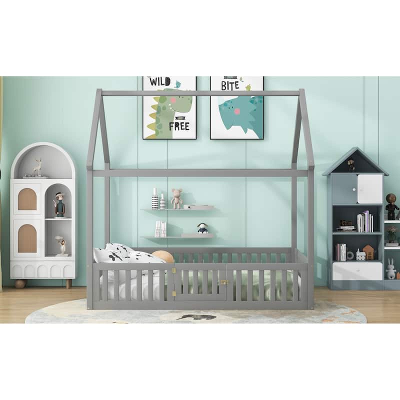 Full Pine House Bed with Fence and Door
