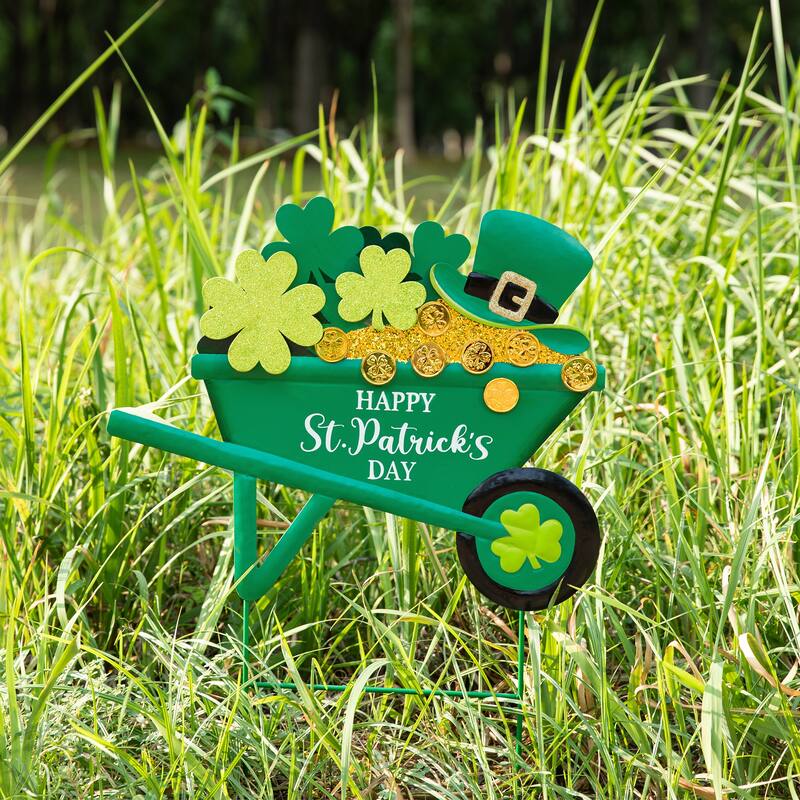 Glitzhome 24"H St. Patrick's Metal Shamrocks Wagon Yard stake or Wall Decor