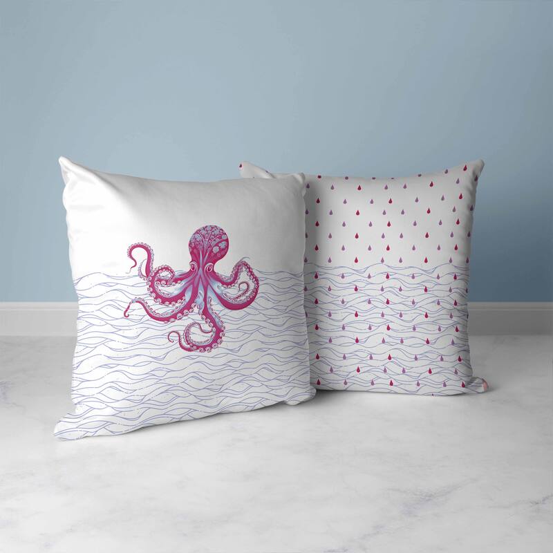 Oceanic Octo Art Faux Suede Reversible Throw Pillow White and Hotpink