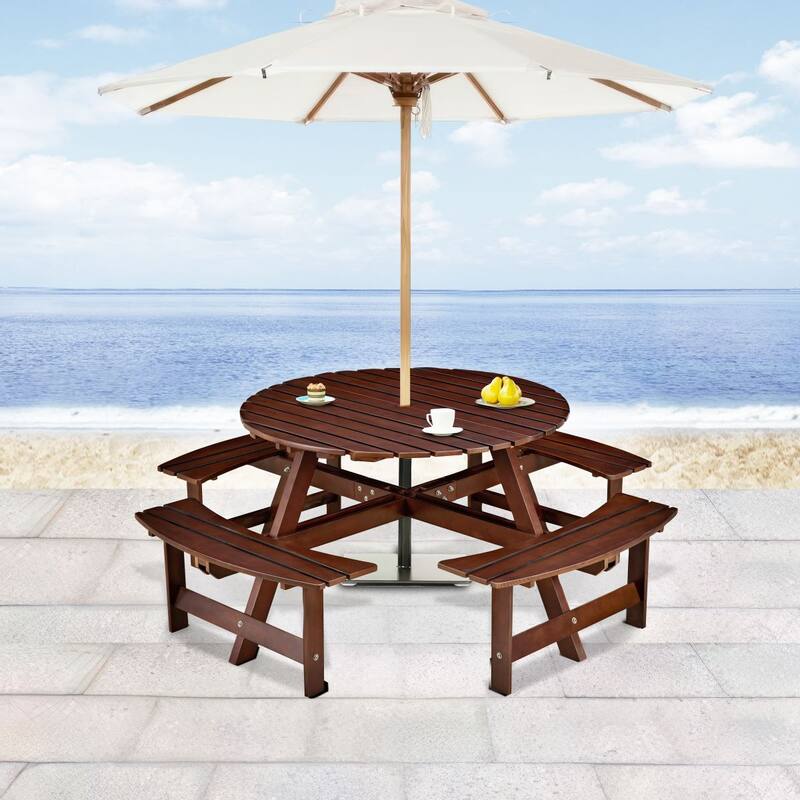 Wood Round Picnic Tables Set with Umbrella Hole and Benches - Brown