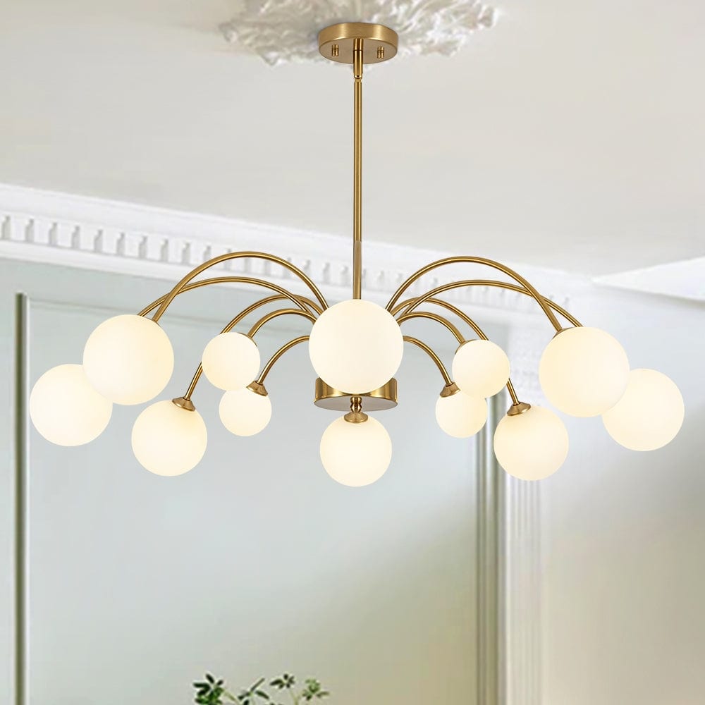 12-Light Opal Glass Globe Cascaded Round Sputnik Chandelier 37in