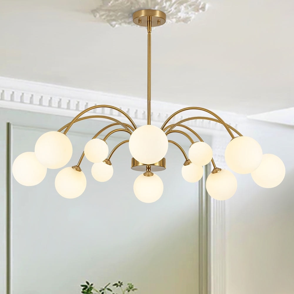 12-Light Opal Glass Globe Cascaded Round Sputnik Chandelier 37in