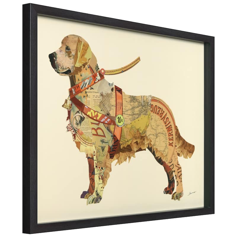 "Golden Retriever" Hand-made Dimensional Wall Art Collage, under glass, encased on a black shadow box frame