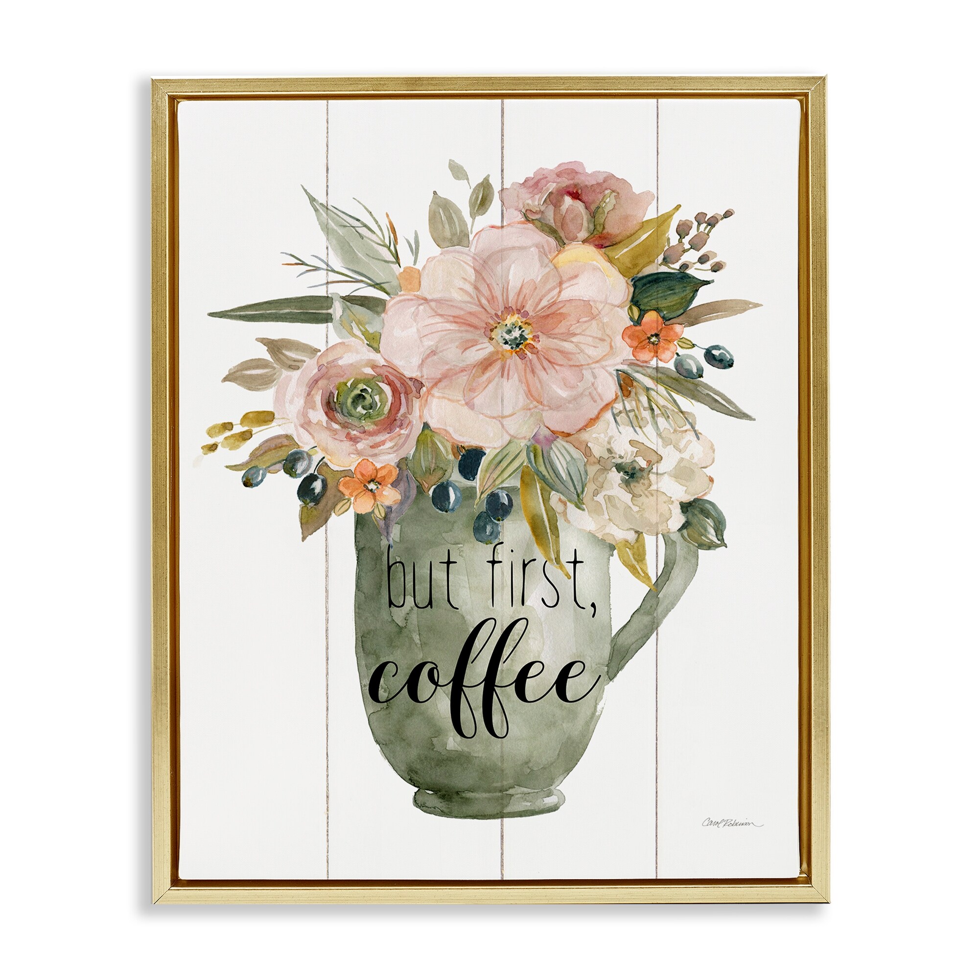 Stupell First Coffee Floral Mug Framed Floater Canvas Wall Art Design By Carol Robinson