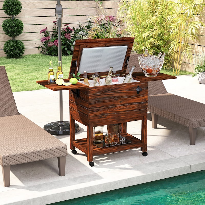 Gymax 54 Quart Rolling Wooden Patio Cooler Cart w/ 2 Drop Leaf Tables