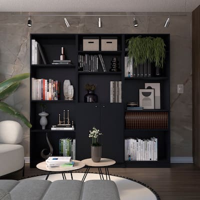FM FURNITURE Oracle 3 Piece Living Room Set with Sutton Bookcase + Sutton 4 Shelves Bookcase + Sutton 2-Door Bookcase, Black