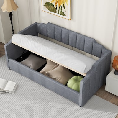 Linen Upholstered Daybed with Underneath Storage, Twin Size