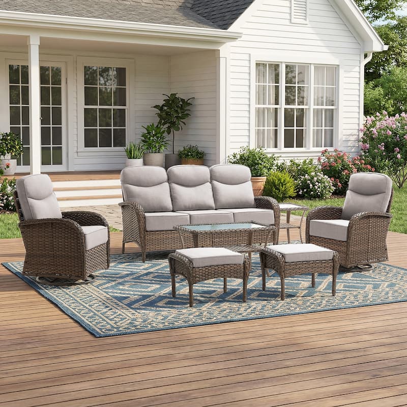 Pocassy Outdoor Sofa Swivel Chair and Ottman with Fire Pit Table - Brown Wicker Beige Cushion - 7-Piece Sofa Swivel Chiar Ottoman with Table