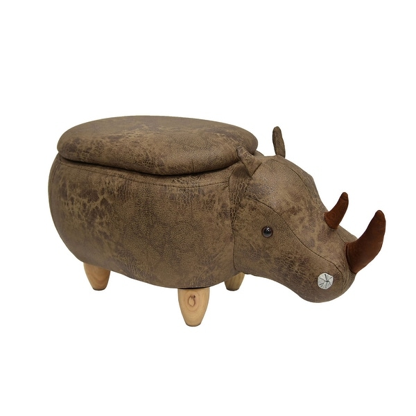 Rhinoceros Shape Wooden Storage Ottoman with Textured Fabric Upholstery, Brown