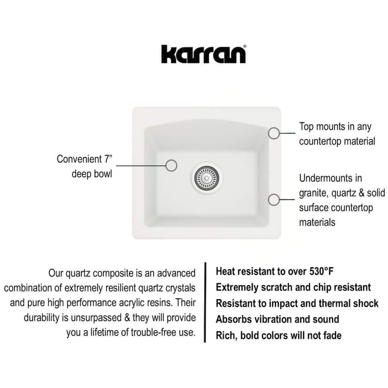 Karran USA QX-680 Quartz Top Mount Sinks 18" Undermount Single Basin