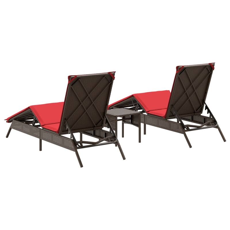 vidaXL Sun Loungers with Table Chaise Lounge 2 Pcs Poly Rattan Brown/Gray/Black - 23.2 x 78.7 x 33.5