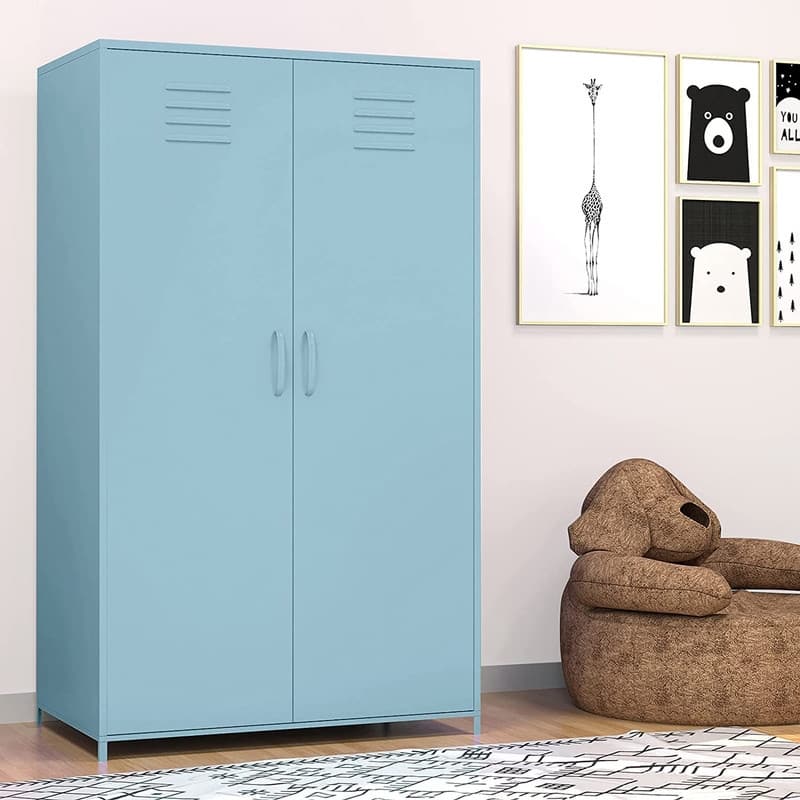 Double Doors Metal Locker Cabinet Storage with Hanging Rod and Shelves for Bedroom School Classroom - Blue
