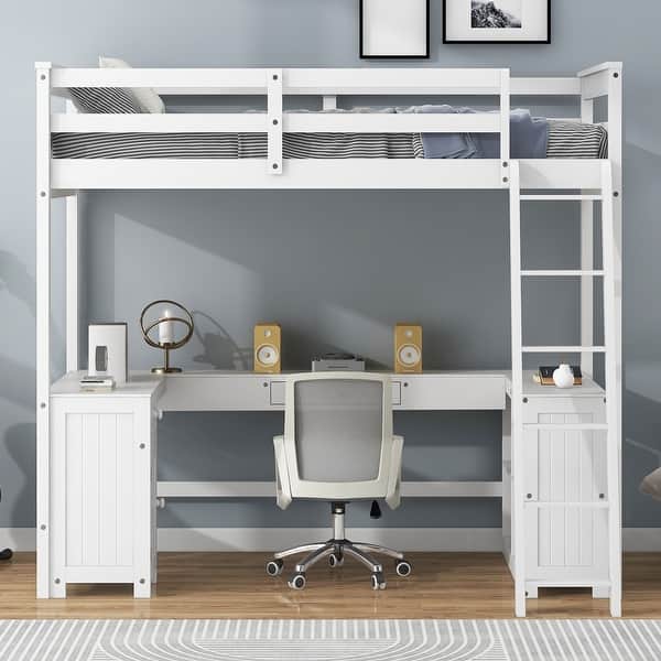 slide 2 of 32, Solid Wood Loft Bed Frame w/U-Shaped Desk, Drawers, Shelves White - Twin