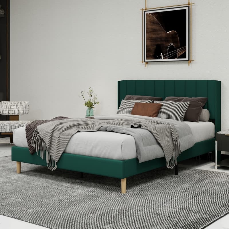 Caxkun Upholstered Platform Bed Frame with Wingback headboard - Green - Queen