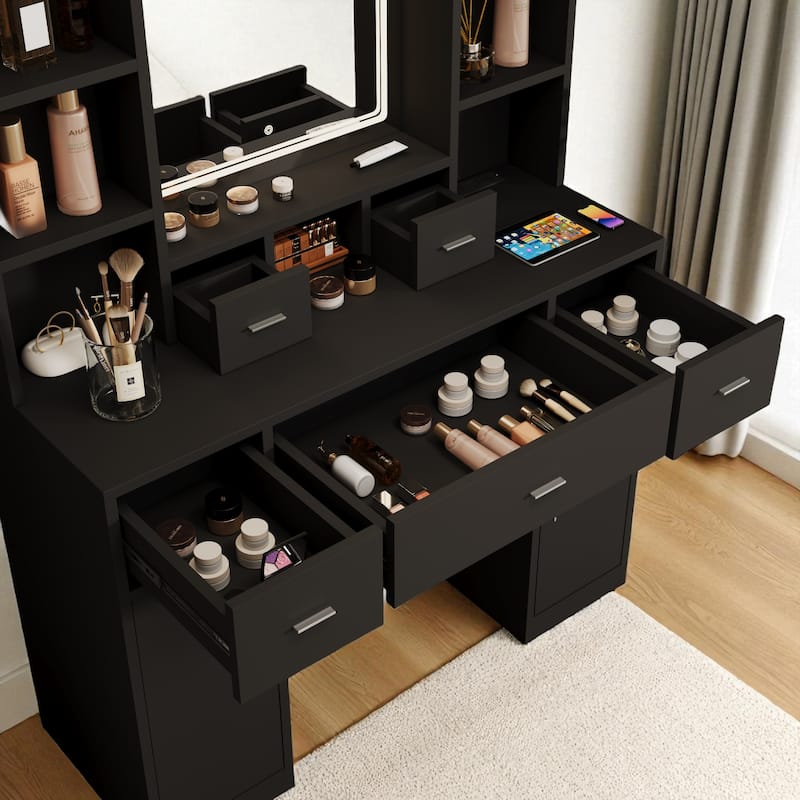 43" Vanity Desk with LED Mirror & Lights, Hair Dryer Rack, 5 Drawers, 2 Cabinets & Stool, Makeup Dressing Table for Bedroom
