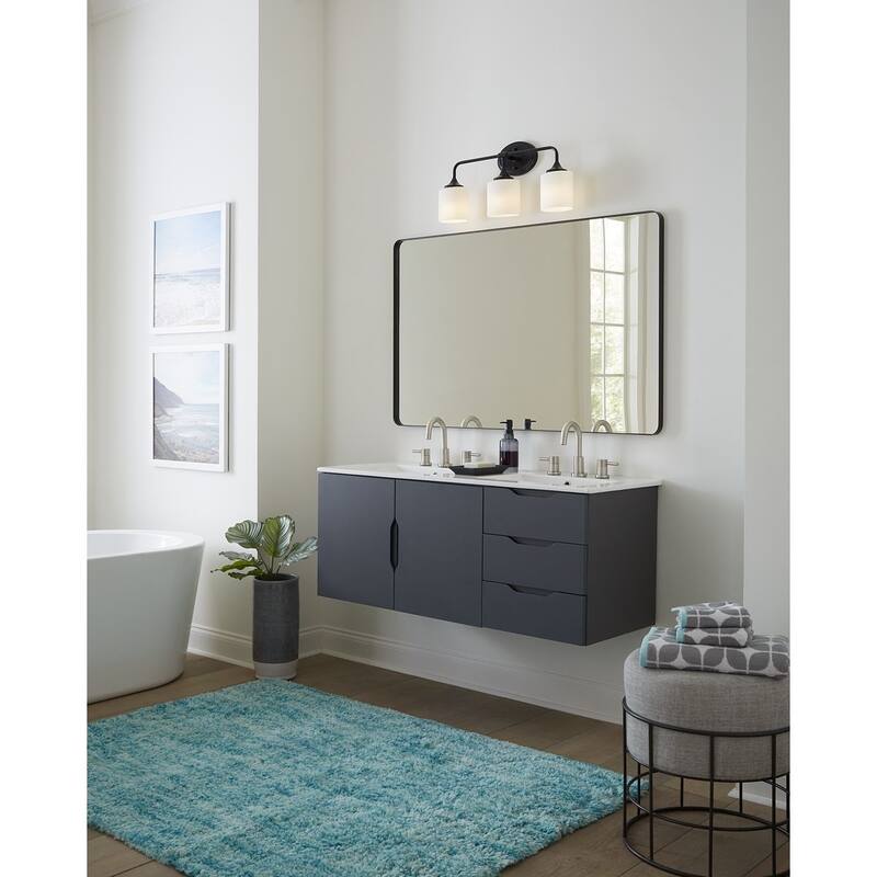 Lynzie Collection Three-Light Matte Black Etched Opal Glass Modern Bath Vanity Light - 23.875 in x 5.625 in x 11.125 in