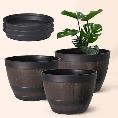 3 Pack 9" Barrel Planters Set with Drainage Holes PP Plastic Plant Pot Set for Indoor Use Outdoor Garden