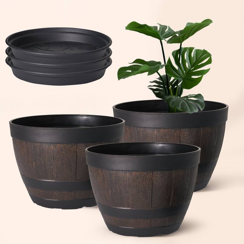 Javlergo 3 Pack 9" Barrel Planters Set with Drainage Holes PP Plastic Plant Pot Set for Indoor Use Outdoor Garden - Brown